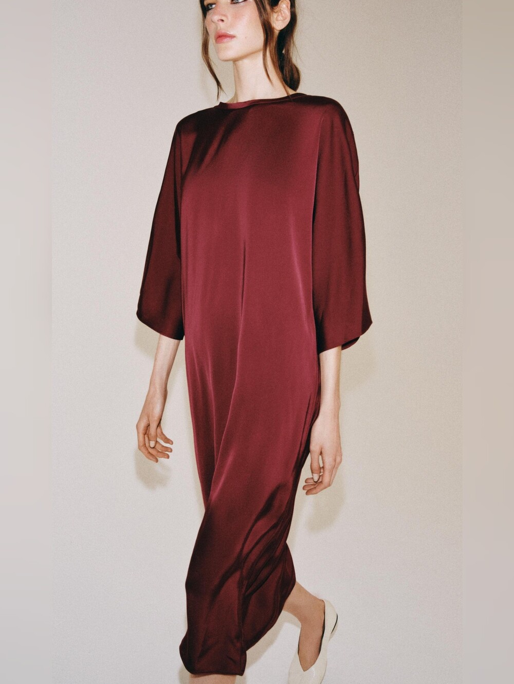 ZARA ZW COLLECTION SATIN BURGUNDY MIDI DRESS SIZE M